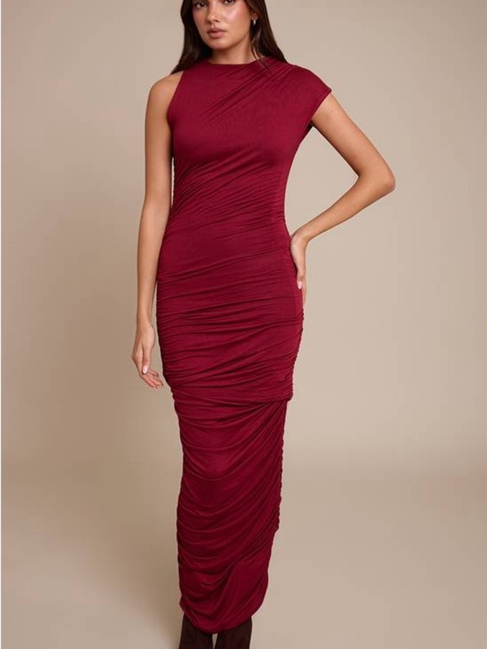 Asymmetrical One-Shoulder Ruched Maxi Dress in Deep Wine